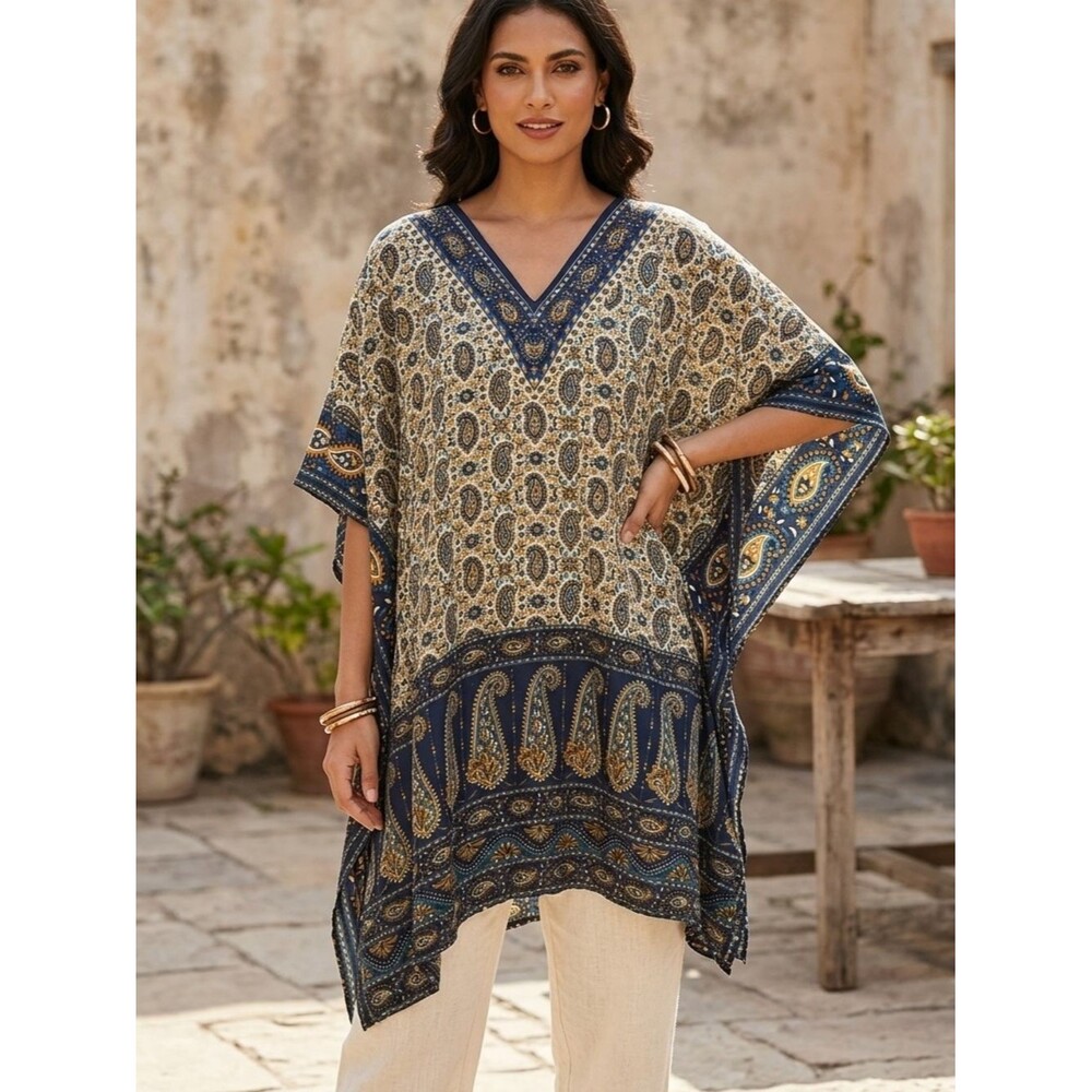 Vintage-Inspired Blue Paisley Boho Kaftan Poncho Top OS boho, vintage style